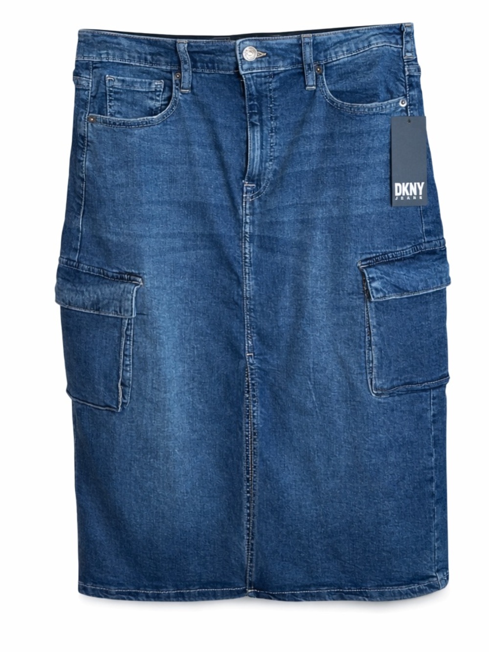 DKNY Denim Cargo Midi Skirt High Rise Blue Size 12 Utility Pockets